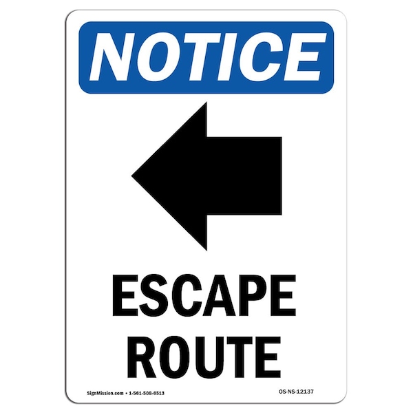 Safety Sign, OSHA Notice, 24" Height, Escape Route (Left Arrow) Sign With Symbol, Portrait